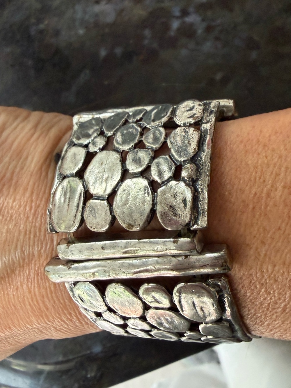 Silver Kali Pebble Stretch Link Cuff Bracelet Women's Jewelry Boho Nature